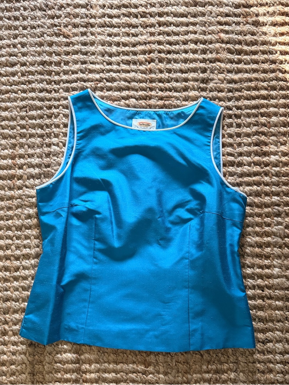 Vintage 100% silk Talbots Bright Turquoise Tank with White Piping
